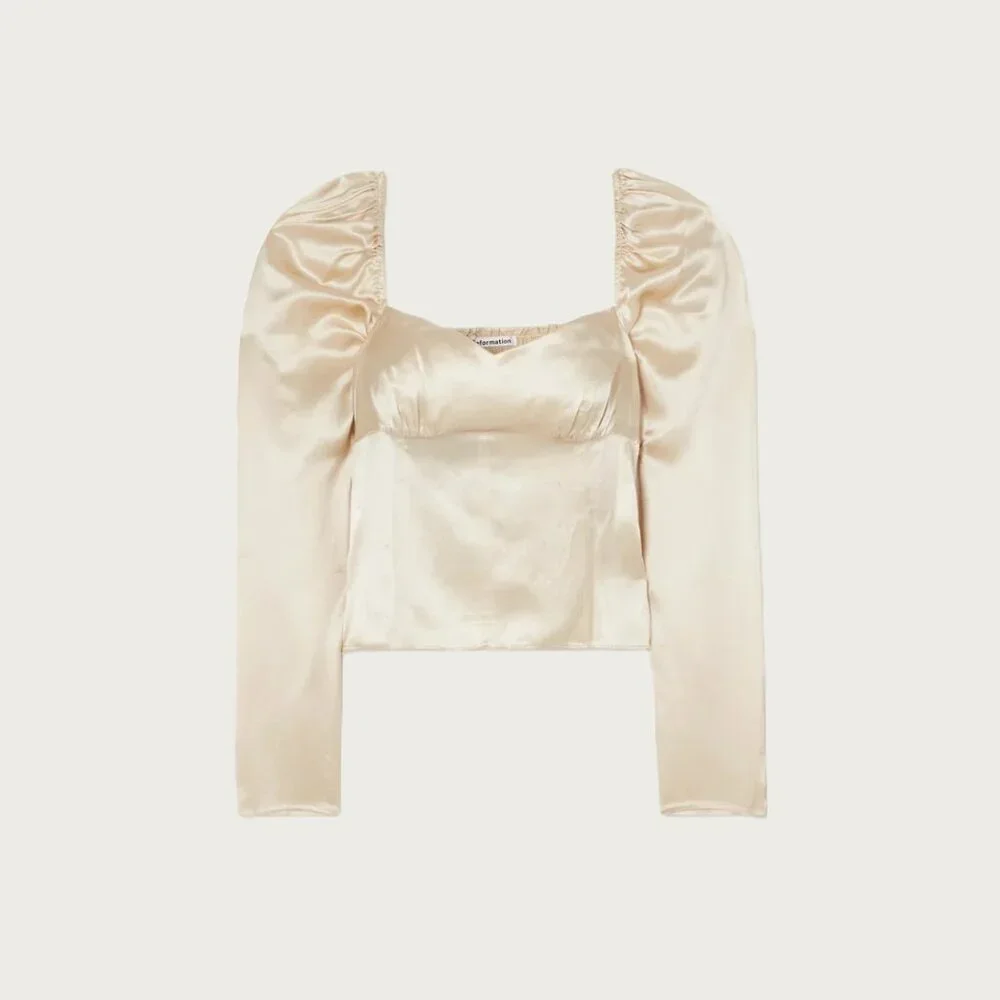 Reformation 100% Silk Roe Puff Sleeve Blouse Top Champagne Gold Minimalist Glam
